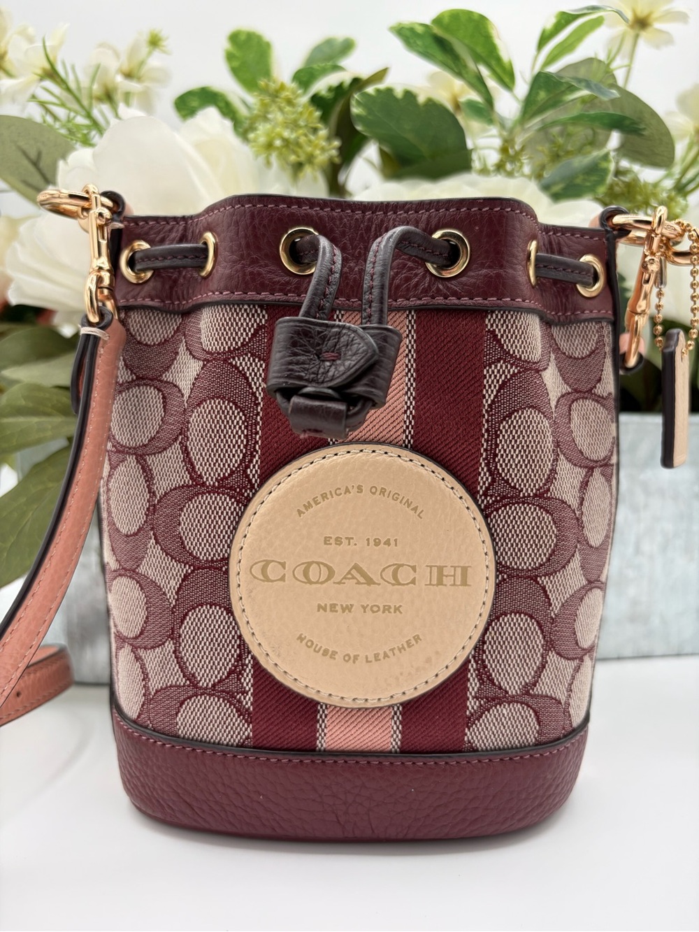 Coach Mini Dempsey Bucket Bag 15 Signature Jacquard Burgundy w/ Coach Dusty✨